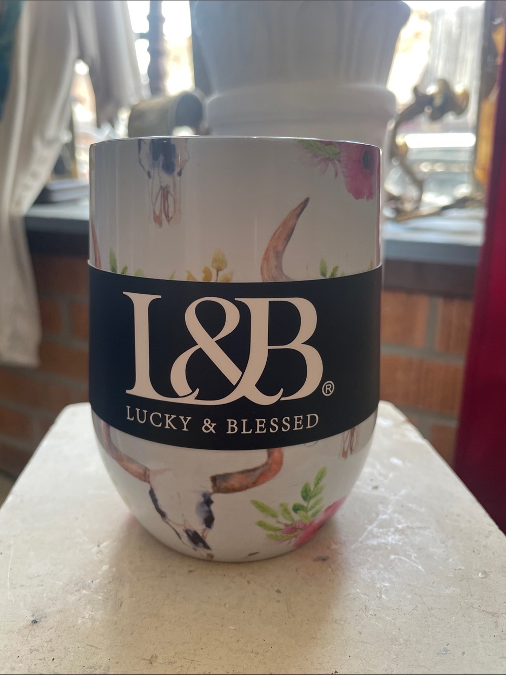 Lucky & Blessed White Floral Bull Stemless Cup - Picture 2 of 6